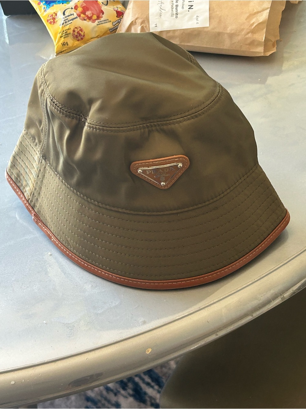 Olive Green Bucket Hat with Brown Trim